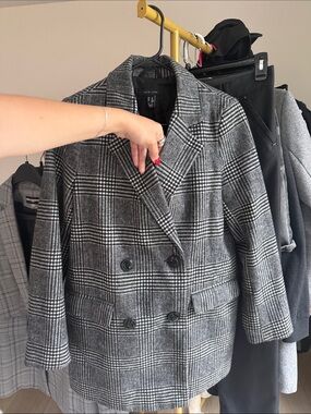 New Look Double-Breasted Plaid Pea Coat - Black & Gray
